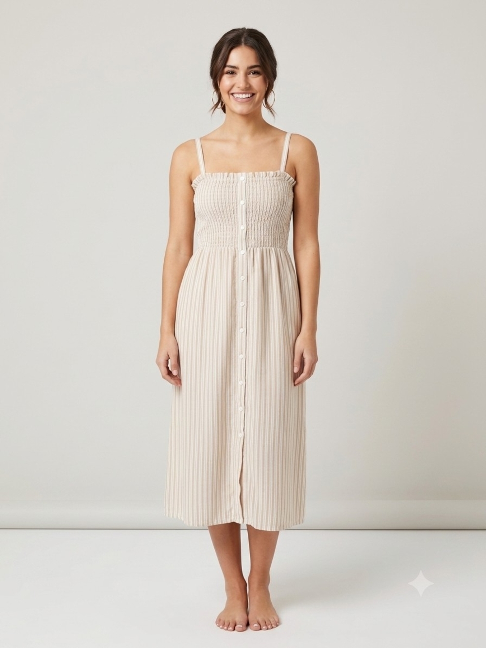 Sky and Sparrow Cream Smocked Button-Front Midi Dress